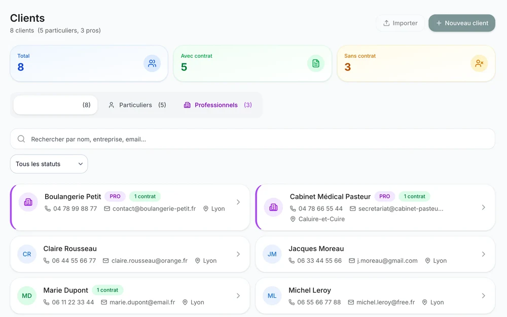 La liste des clients : particuliers et professionnels, contrats en cours, coordonnées
