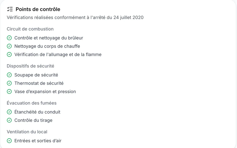 Les points de contrôle d'un entretien de chaudière gaz, groupés par circuit de combustion, sécurité, fumées et ventilation
