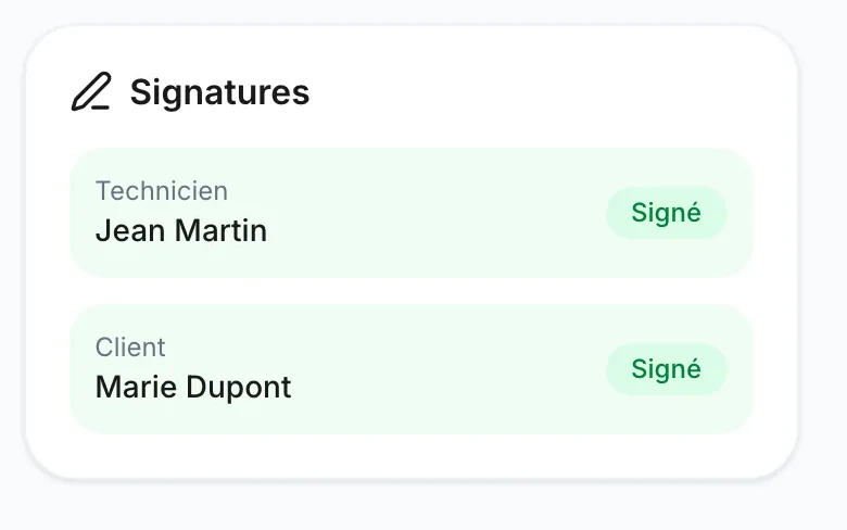 Le bloc Signatures d'une intervention : technicien et client, tous deux signés