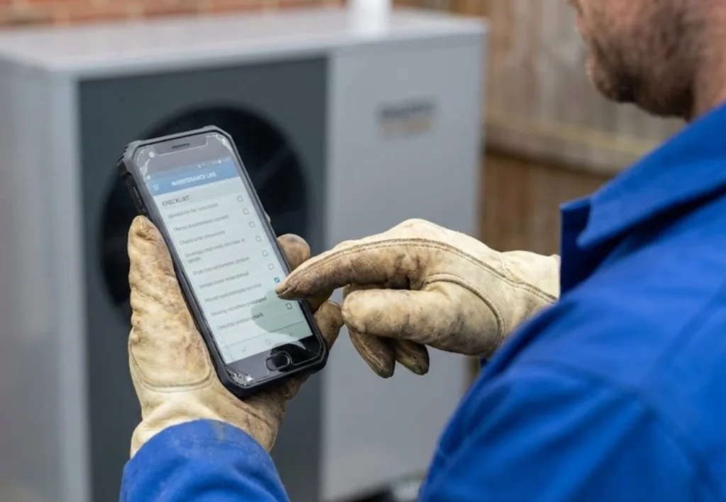 Une main gantée tenant un téléphone devant l'unité extérieure d'une pompe à chaleur