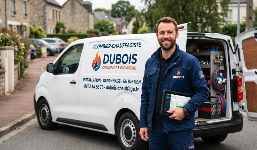 Artisan plombier-chauffagiste souriant devant son camion avec une tablette